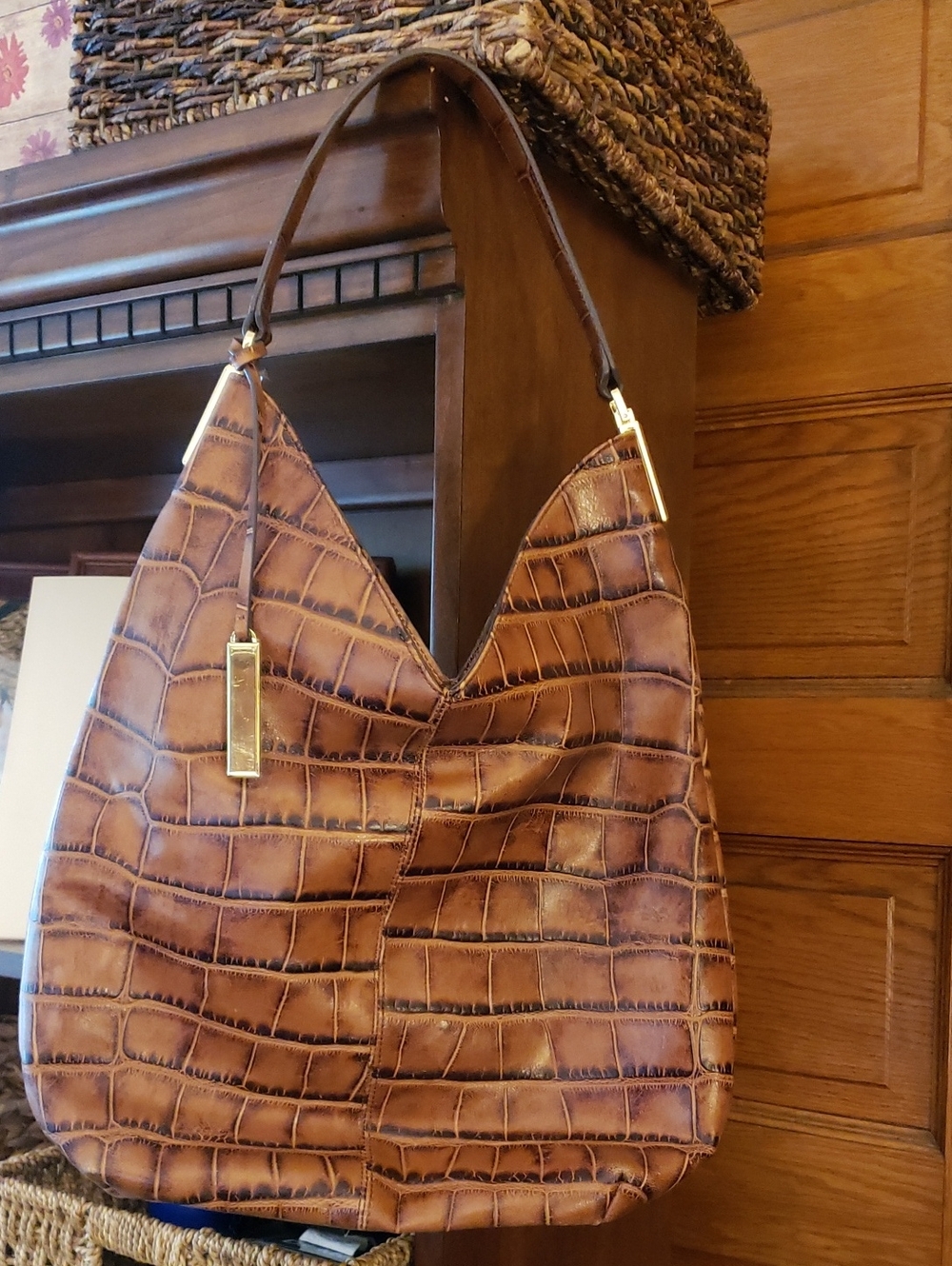 G.I.L.I. North/South Croc-Embossed Shoulder Hobo with Gold Accent